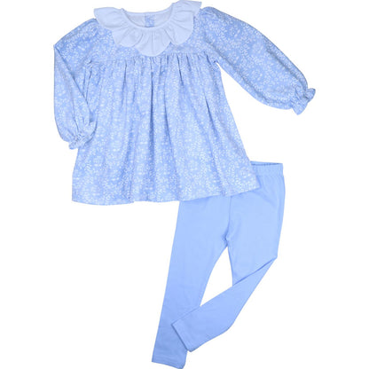 Blue floral corduroy top with white ruffle collar and light blue leggings
