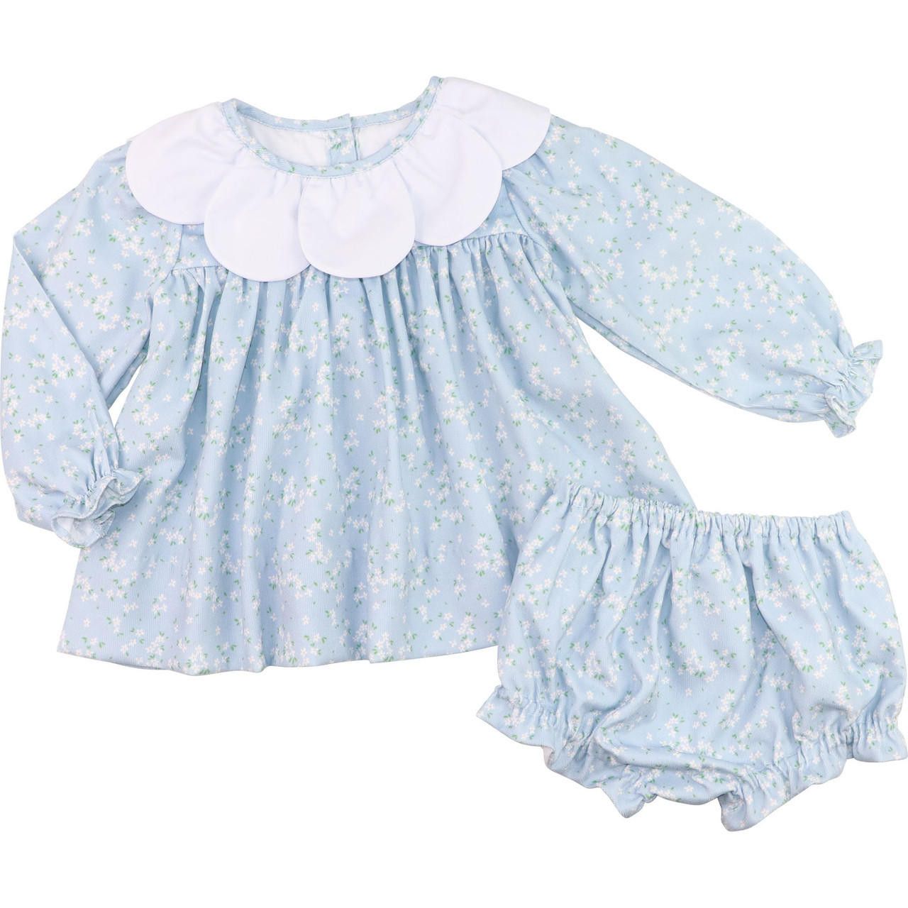 Blue Floral Corduroy Petal Collar Diaper Set