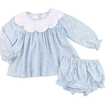 Blue Floral Corduroy Petal Collar Diaper Set