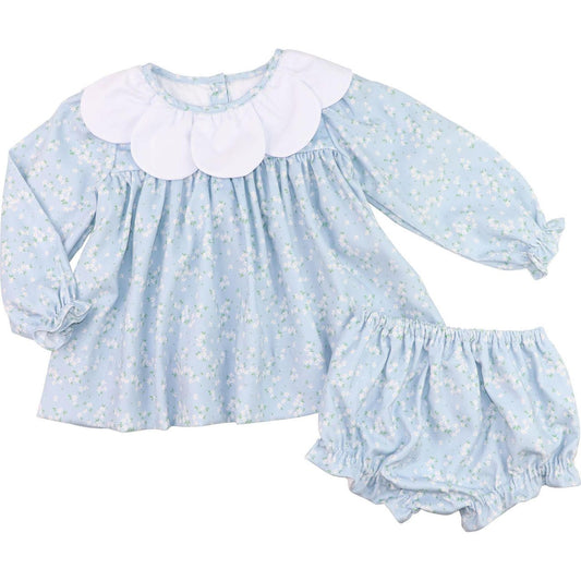 Blue Floral Corduroy Petal Collar Diaper Set