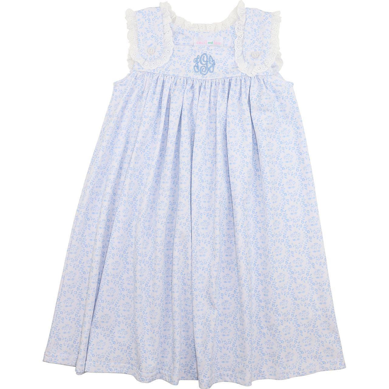 Light blue dress with white lace details on a white background