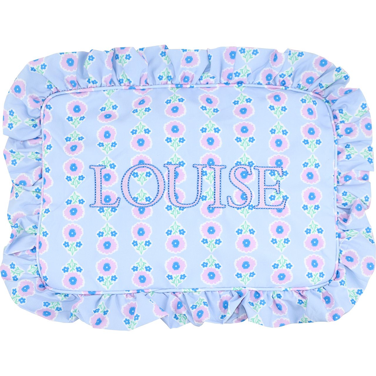 Blue Floral Ruffle Zipper Pouch