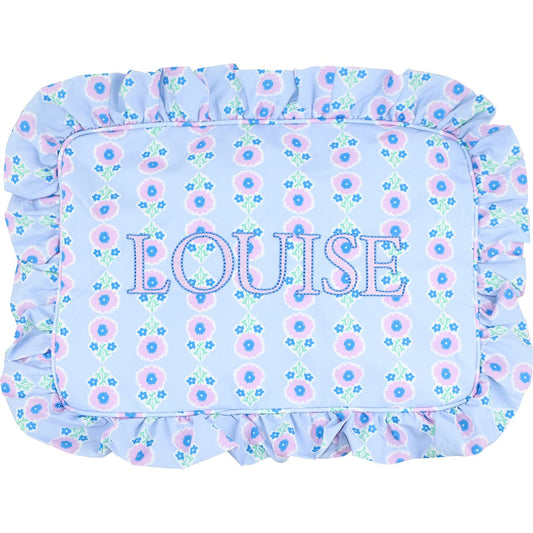Blue Floral Ruffle Zipper Pouch