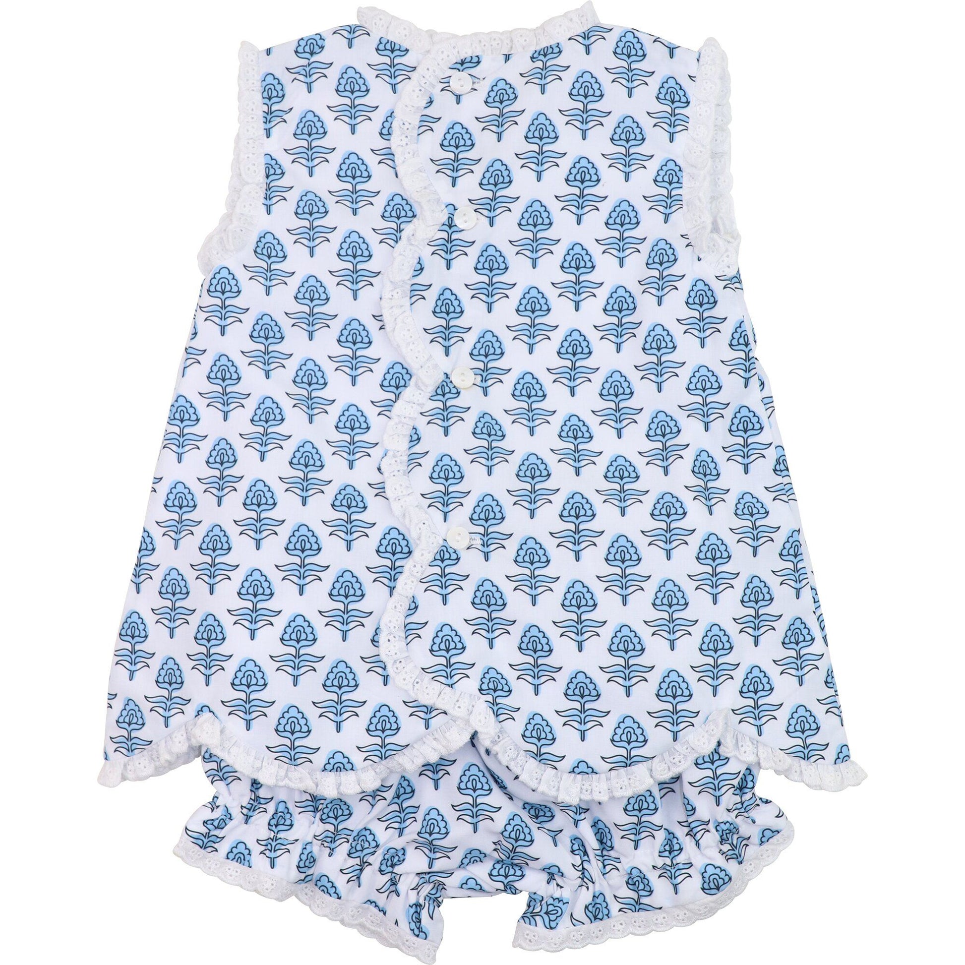 Blue Floral Scalloped Eyelet Diaper Set