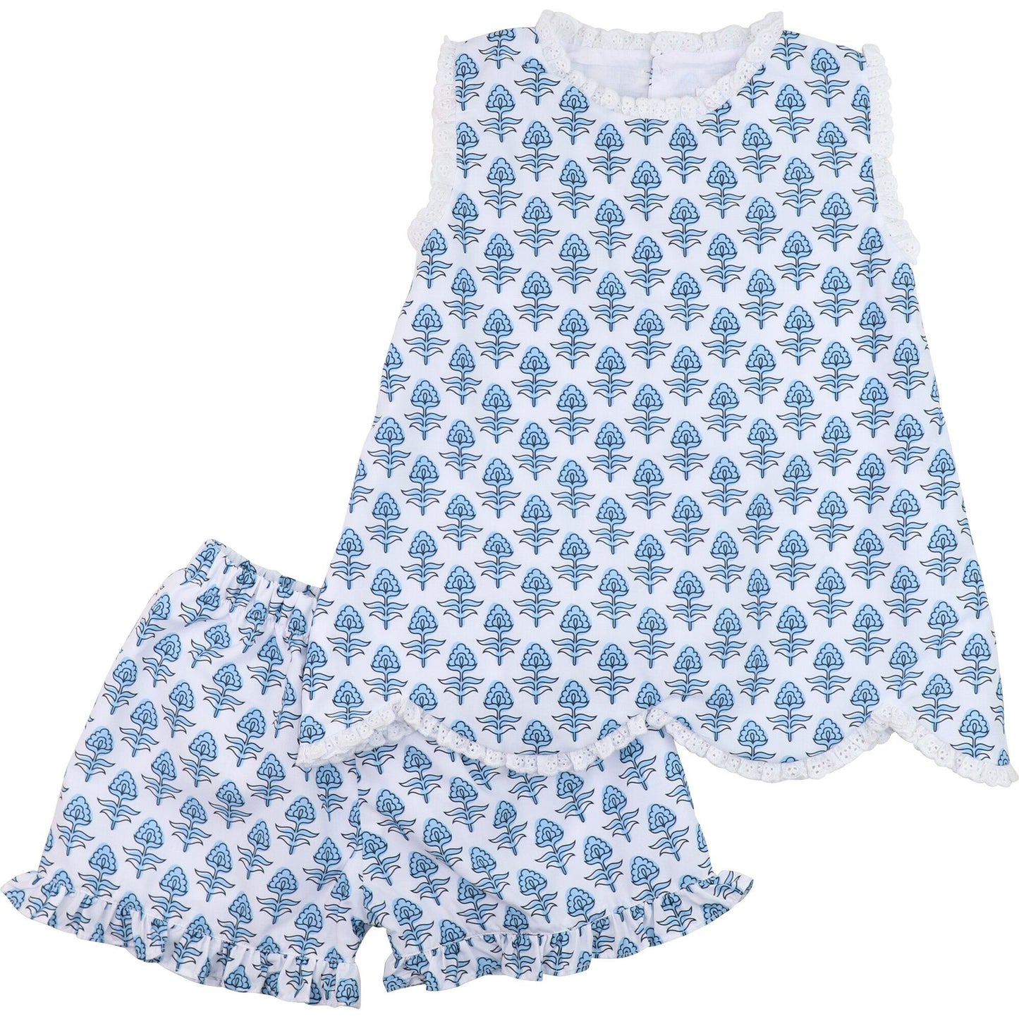 Blue Floral Scalloped Eyelet Short Set