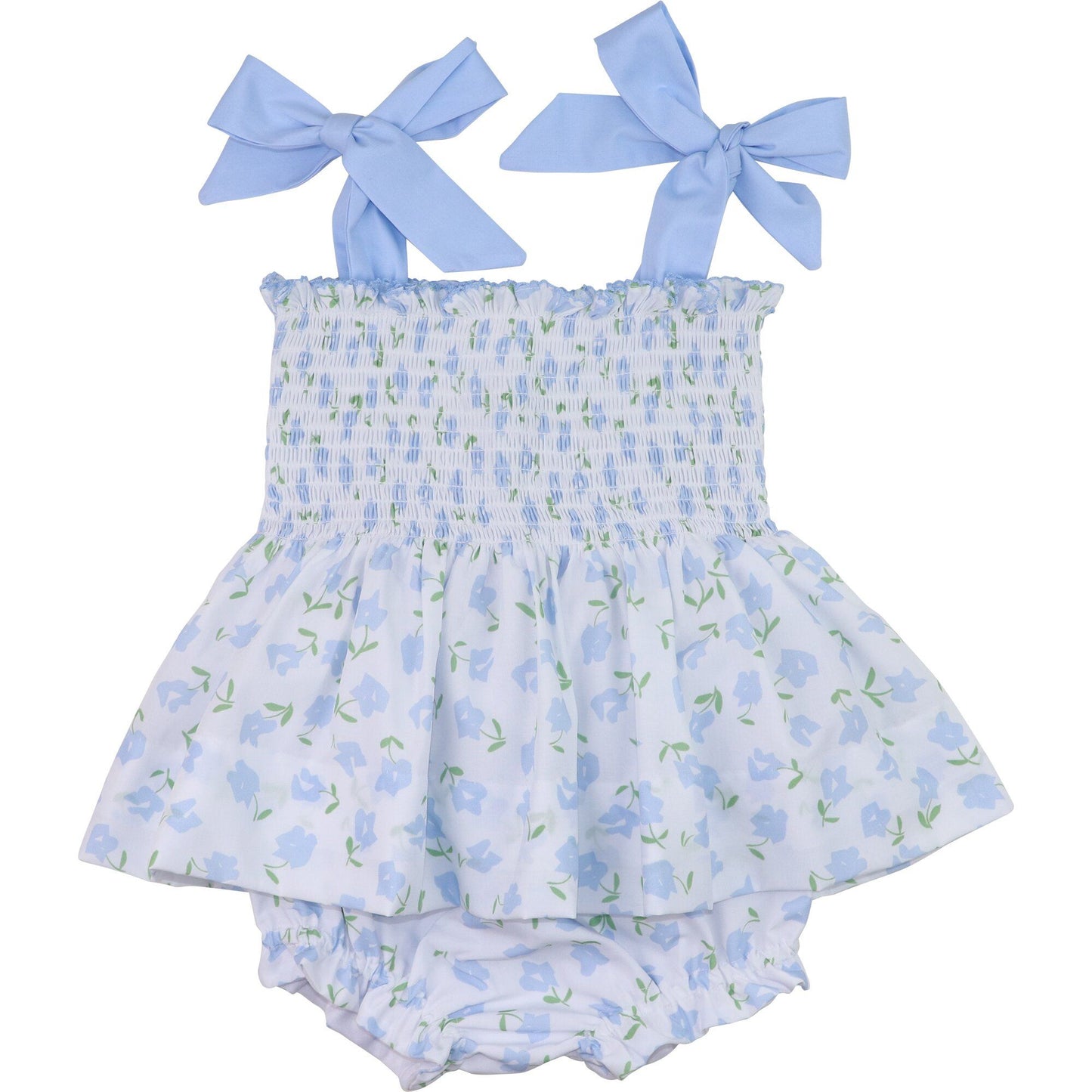 Blue Floral Shoulder Tie Smocked Diaper Set