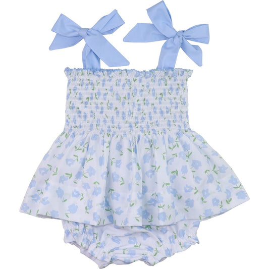 Blue Floral Shoulder Tie Smocked Diaper Set