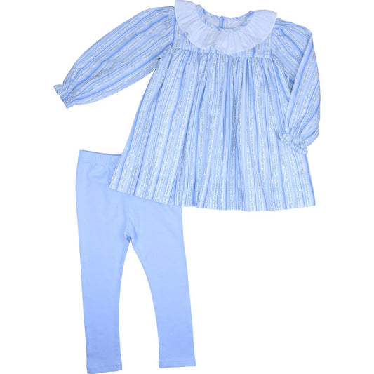 Blue floral stripe top with white ruffle collar and light blue leggings