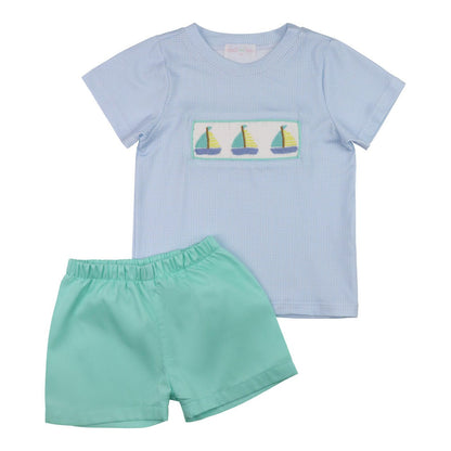 Blue Gingham And Mint Smocked Sailboat Short Set