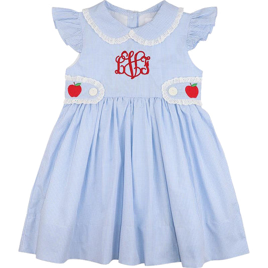 Blue Gingham Apple Eyelet Dress