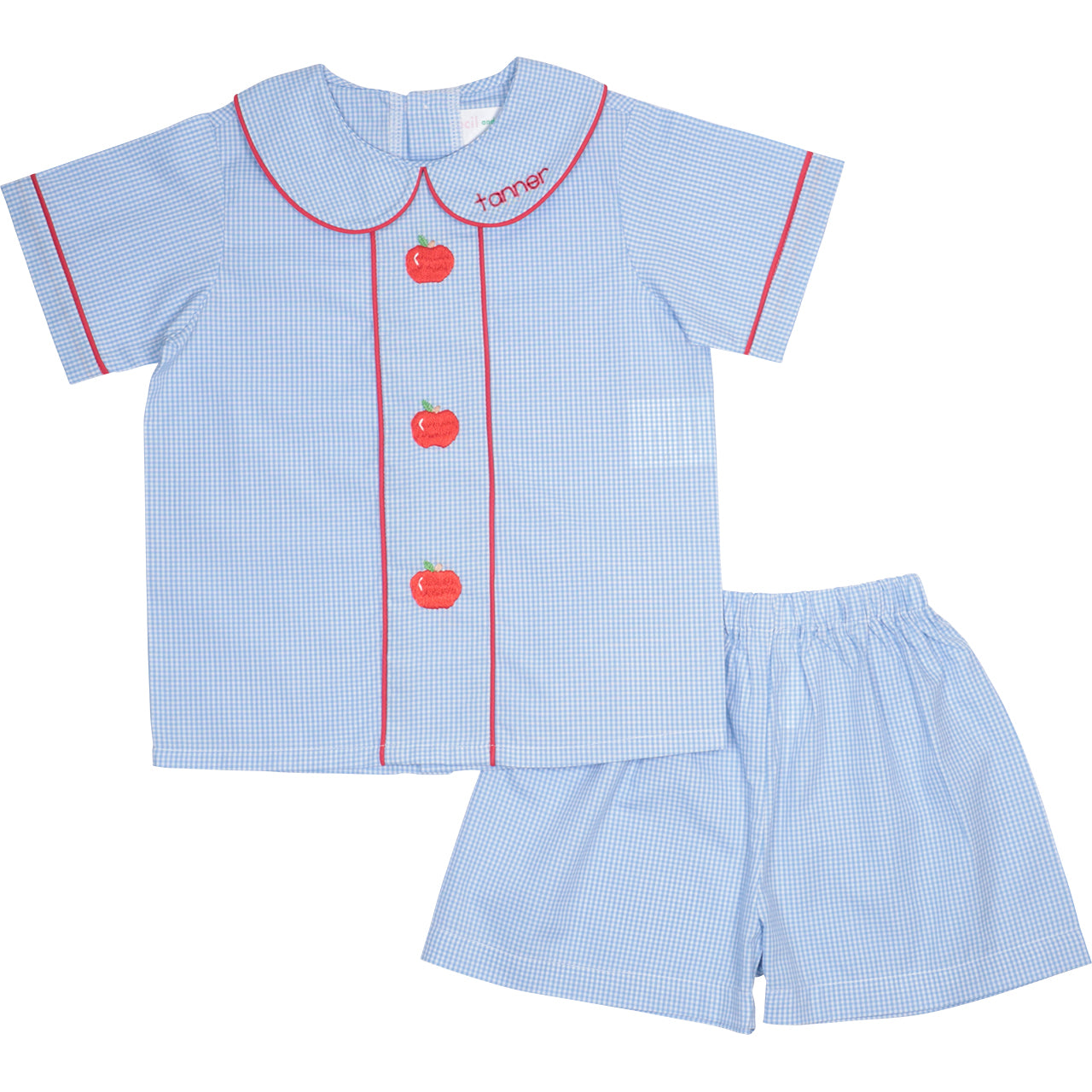 Blue Gingham Apple Short Set