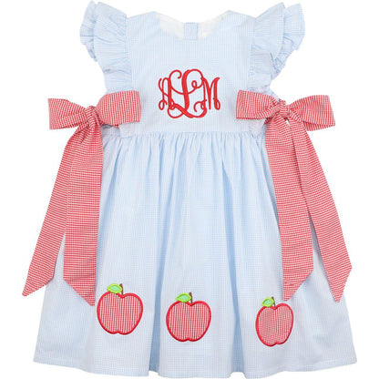 Blue Gingham Applique Apple Bow Dress