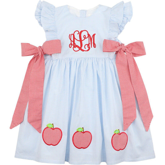 Blue Gingham Applique Apple Bow Dress