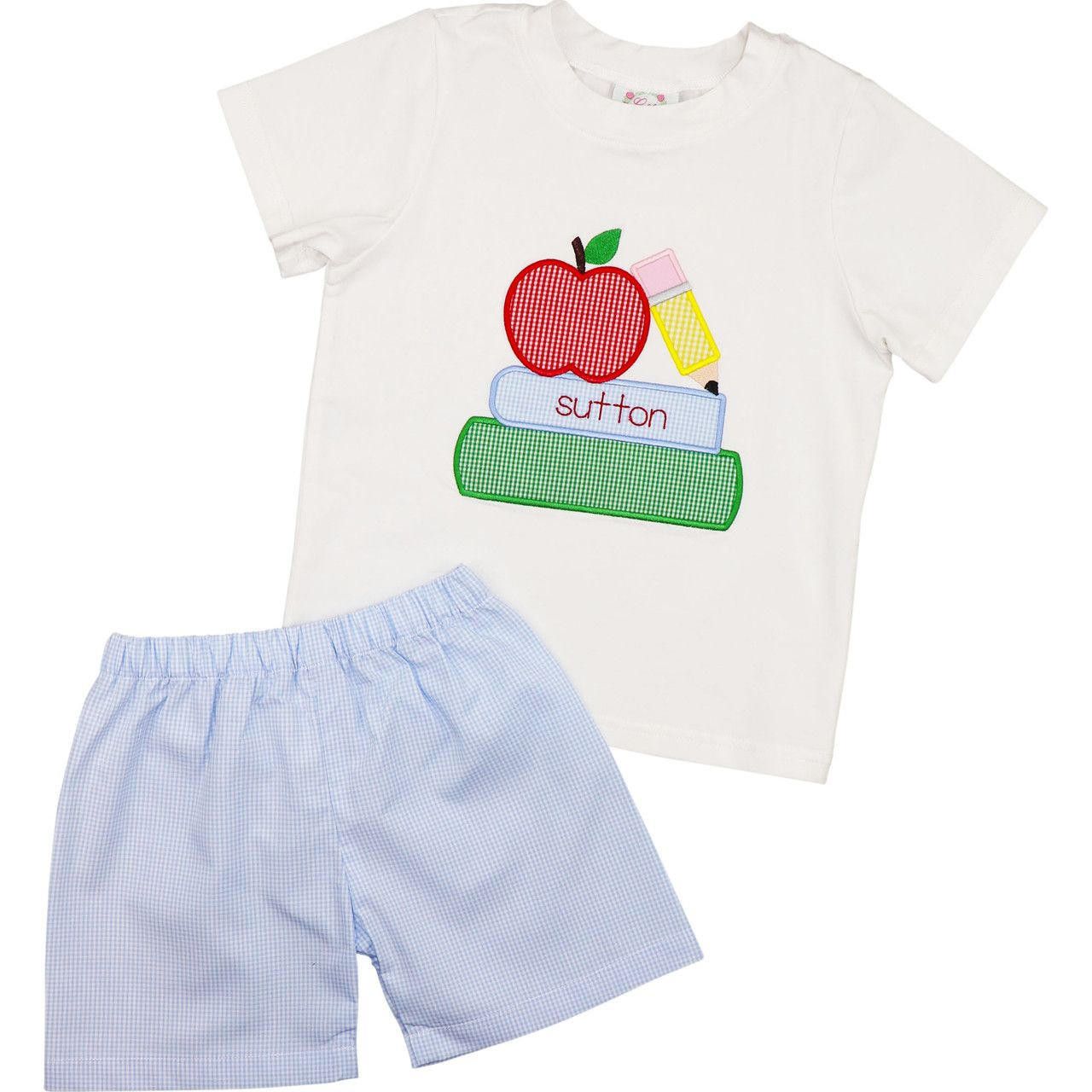 Blue Gingham Applique Books And Apple Short Set