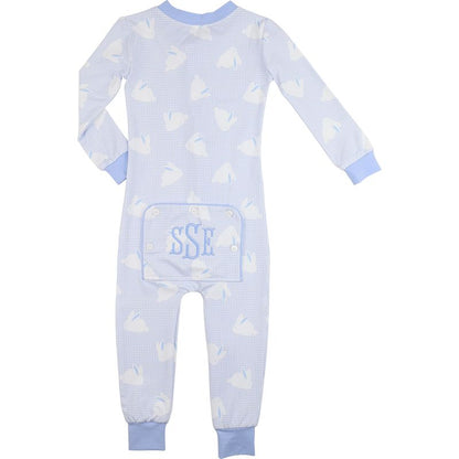 Blue Gingham Bunny Print Knit Zipper Pajamas