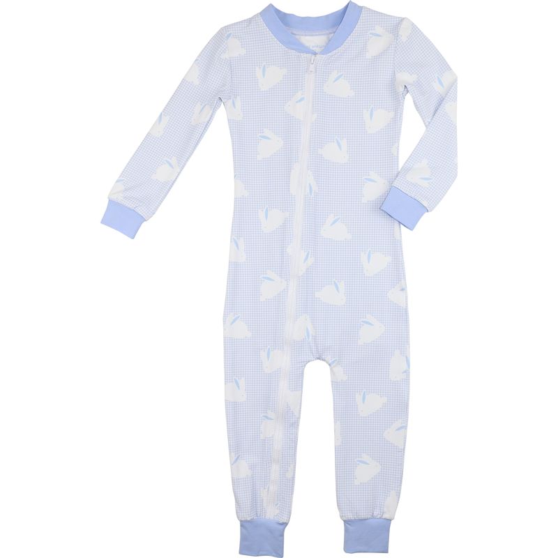 Blue Gingham Bunny Print Knit Zipper Pajamas