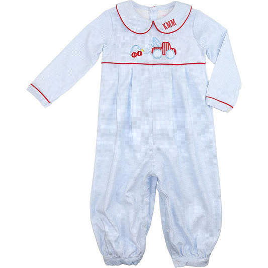 Blue Gingham Corduroy Applique Tow Truck Long Romper
