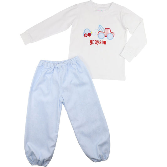 Blue Gingham Corduroy Applique Tow Truck Pant Set