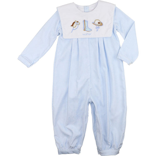 Blue Gingham Corduroy Cowboy Long Romper