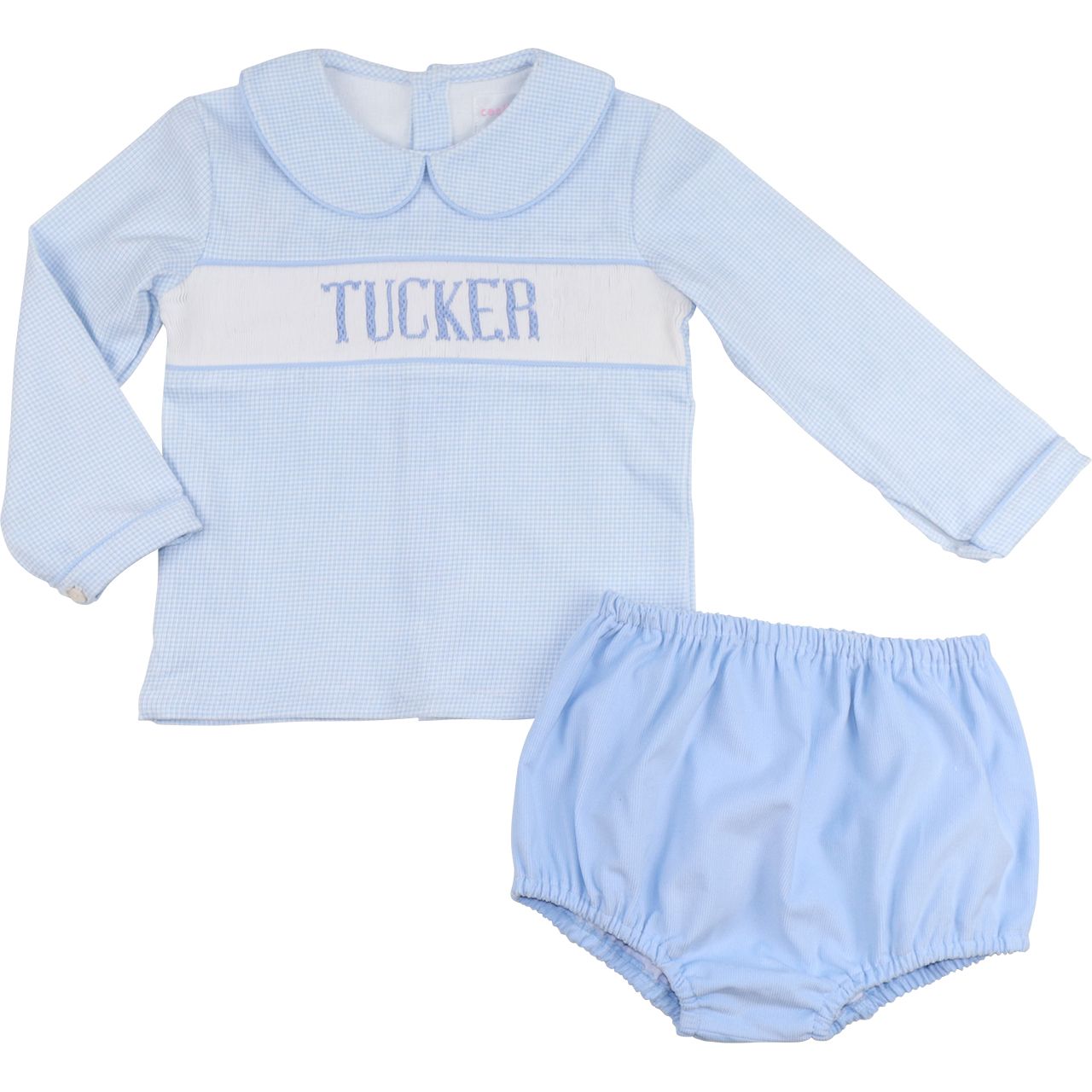Blue Gingham Corduroy Custom Smocked Diaper Set