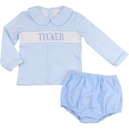 Blue Gingham Corduroy Custom Smocked Diaper Set