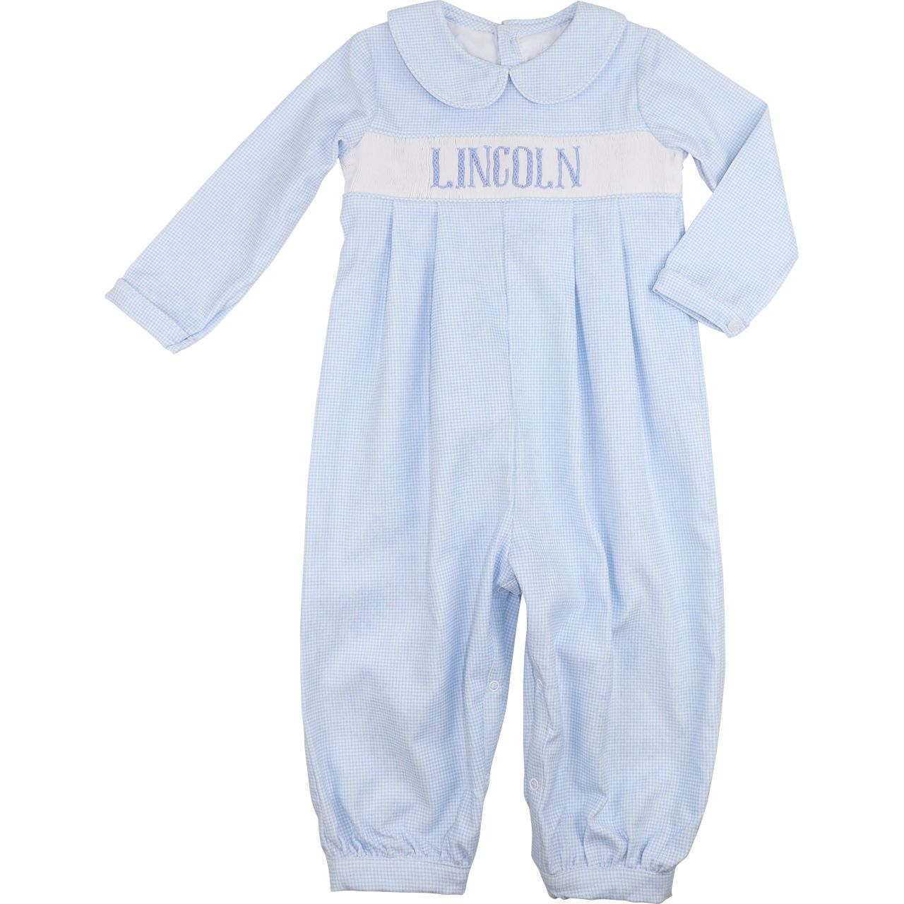 Blue Gingham Corduroy Custom Smocked Long Romper