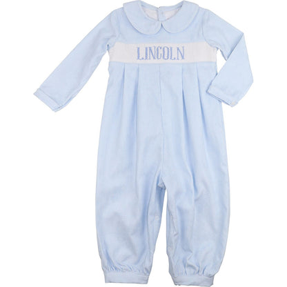 Blue Gingham Corduroy Custom Smocked Long Romper
