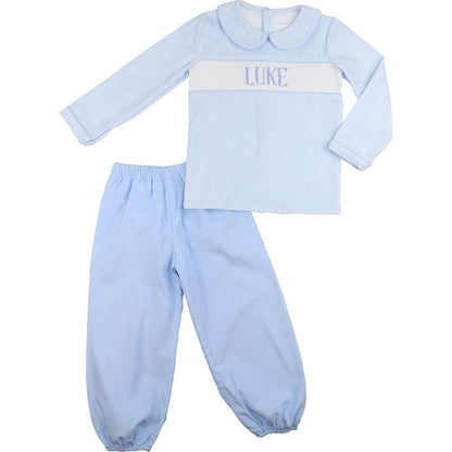 Blue Gingham Corduroy Custom Smocked Pant Set