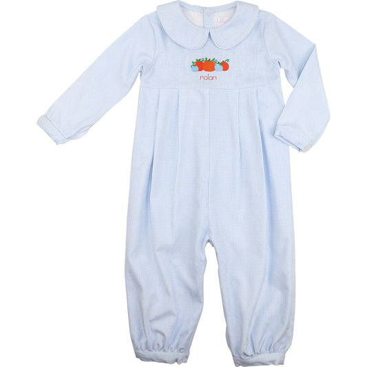 Blue Gingham Corduroy Embroidered Pumpkin Long Romper