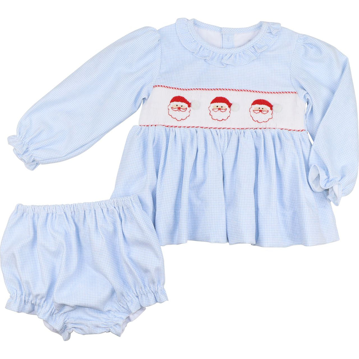 Blue Gingham Corduroy Smocked Santa Diaper Set