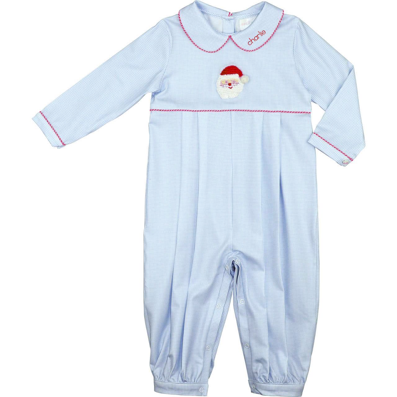 Blue Gingham Crochet Santa Long Romper