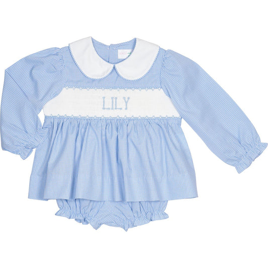 Blue Gingham Custom Smocked Diaper Set