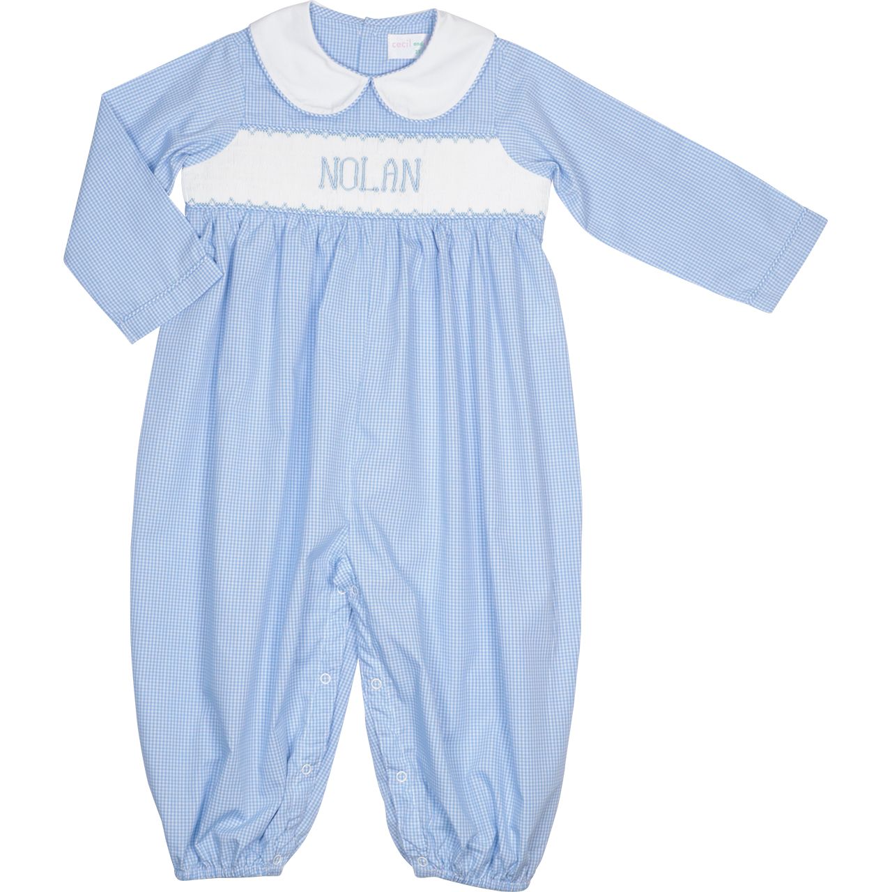 Blue Gingham Custom Smocked Long Romper