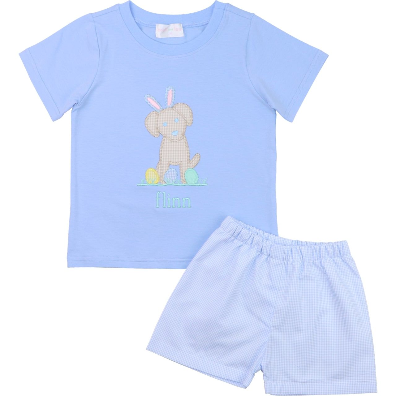 Blue Gingham Easter Applique Puppy Short Set