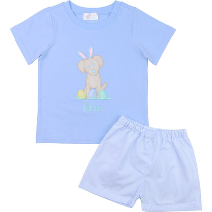 Blue Gingham Easter Applique Puppy Short Set
