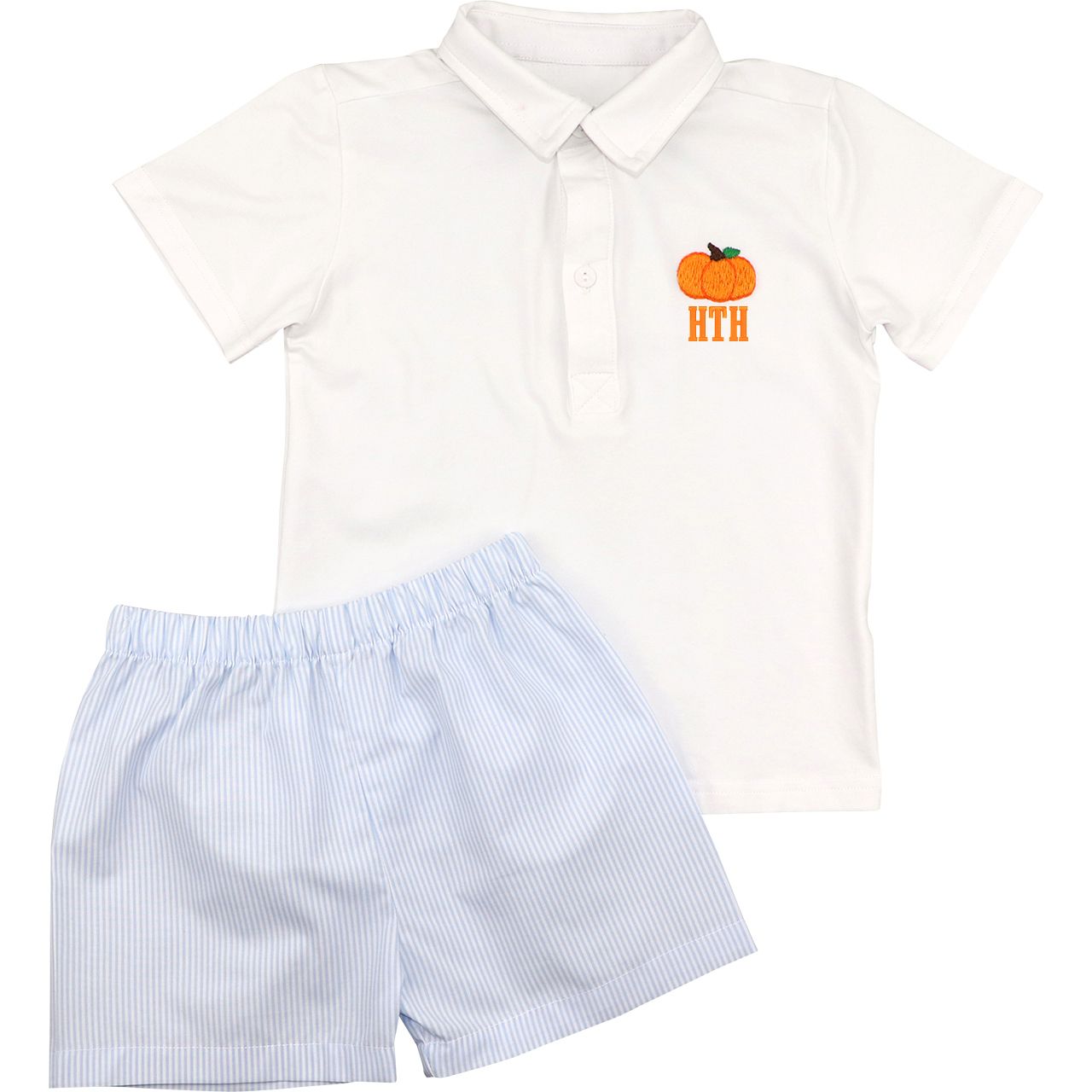 Blue Gingham Embroidered Pumpkin Polo Short Set