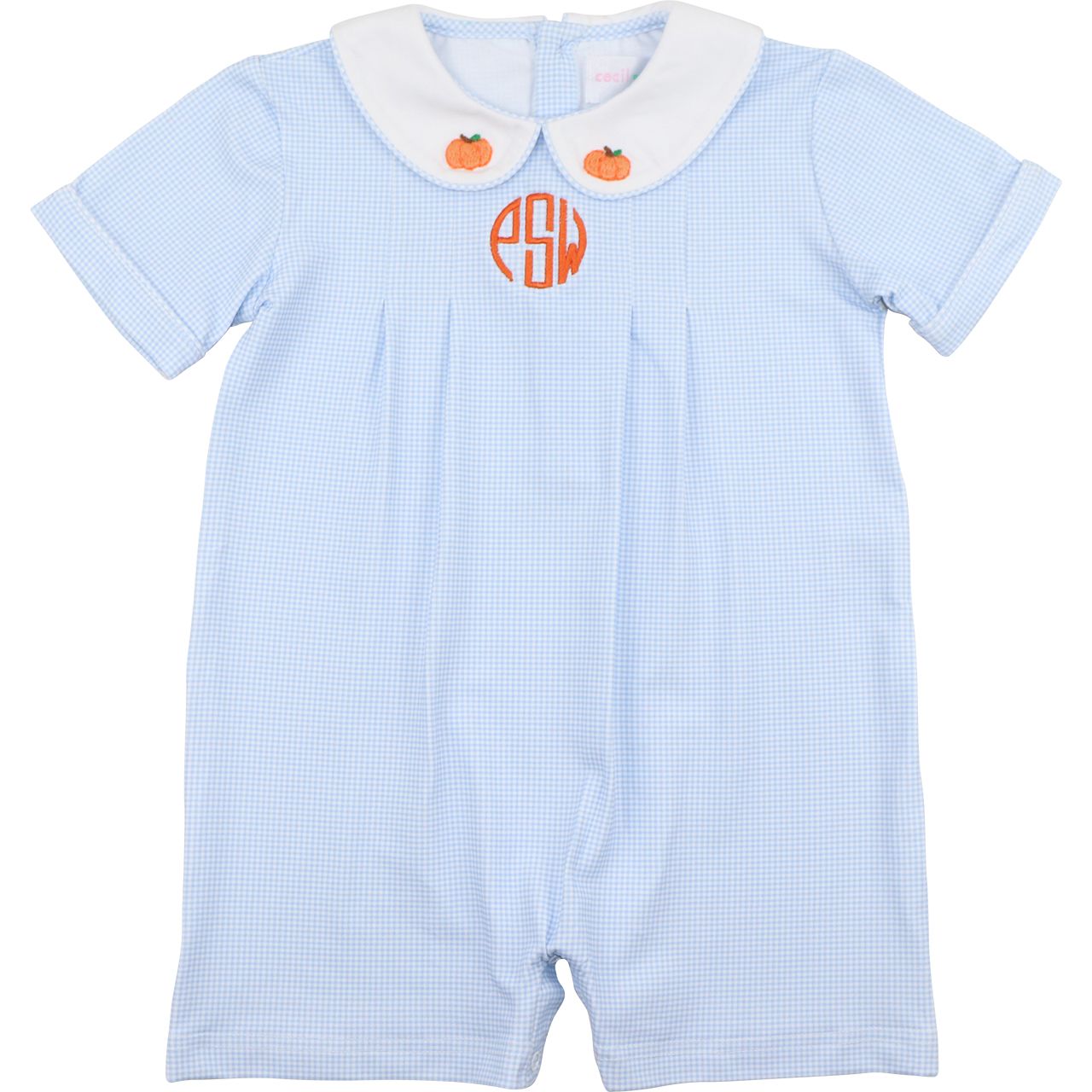 Blue Gingham Embroidered Pumpkin Short Romper