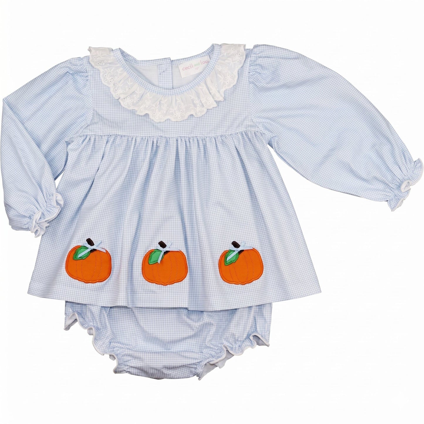 Blue Gingham Knit Applique Pumpkins Diaper Set