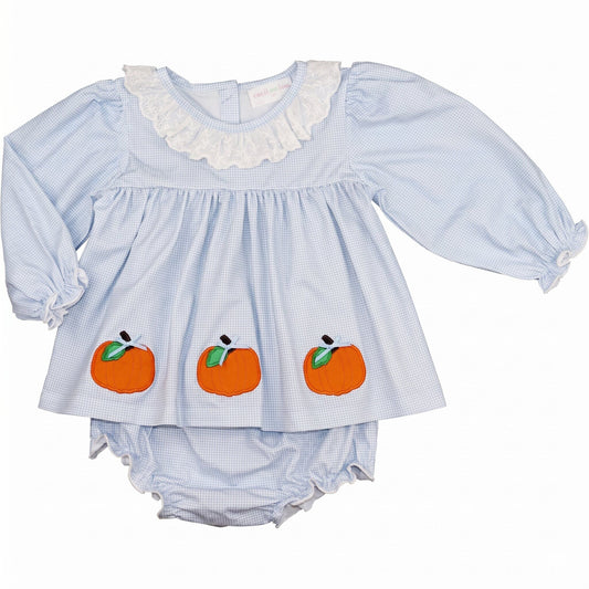 Blue Gingham Knit Applique Pumpkins Diaper Set