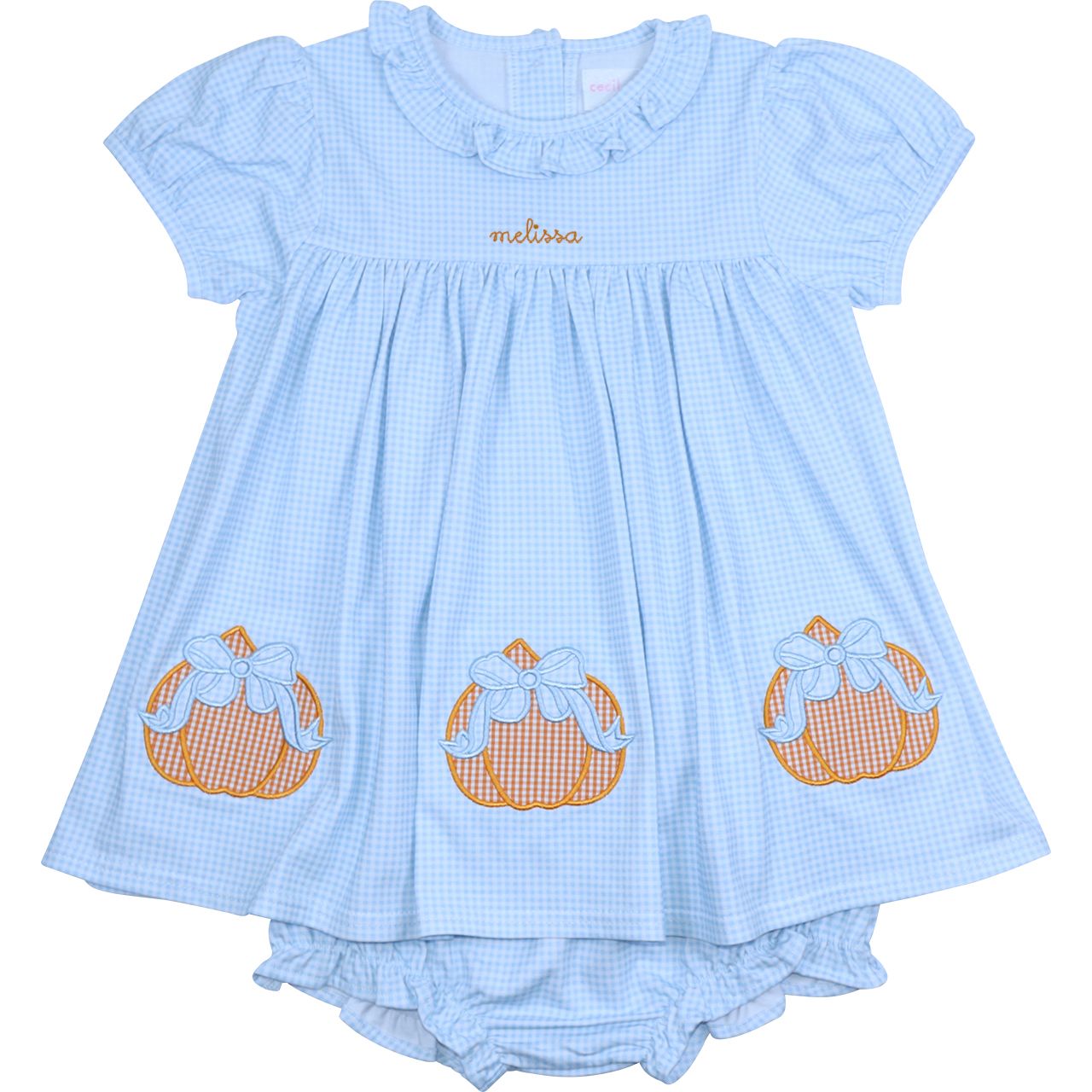 Blue Gingham Knit Applique Pumpkins Diaper Set