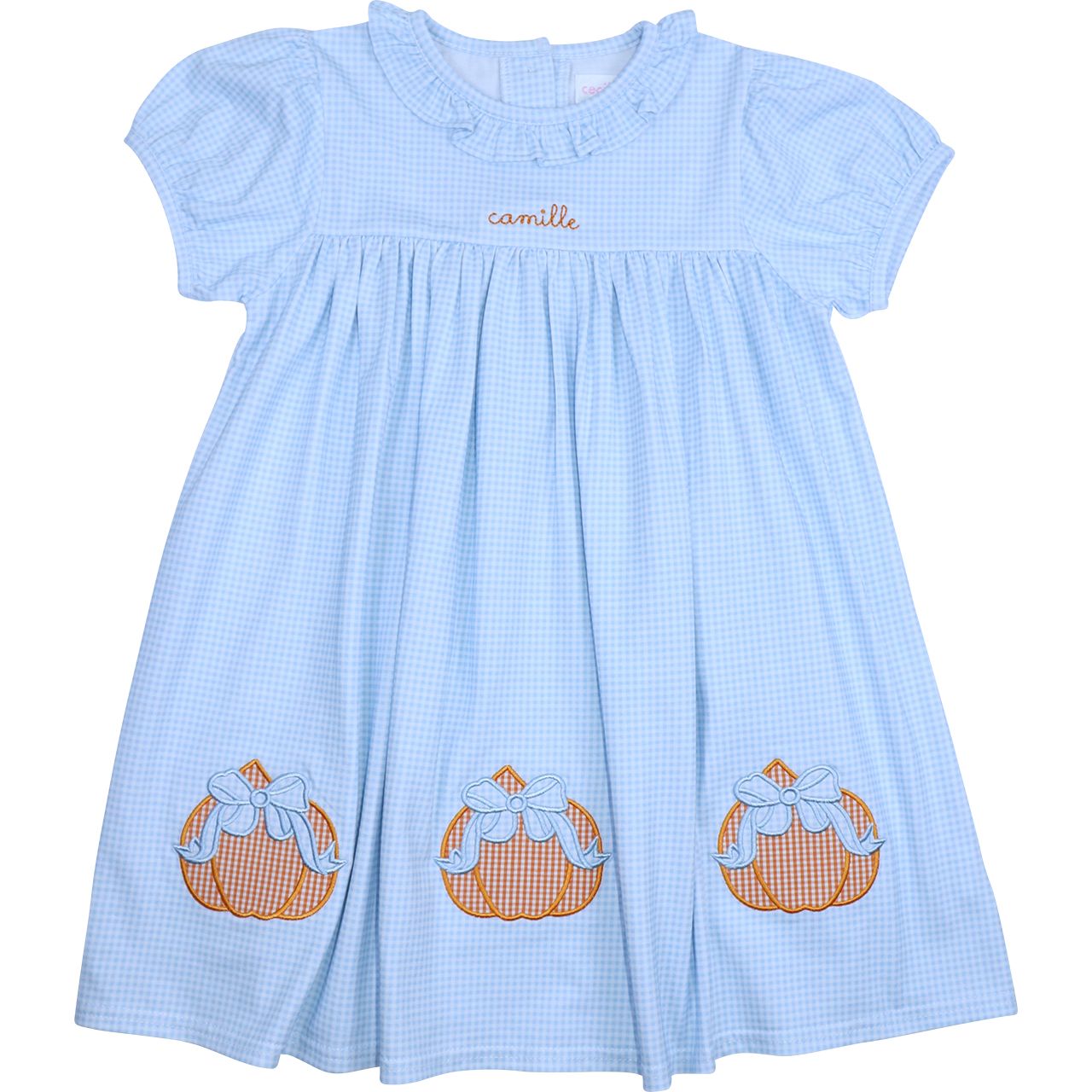 Blue Gingham Knit Applique Pumpkins Dress