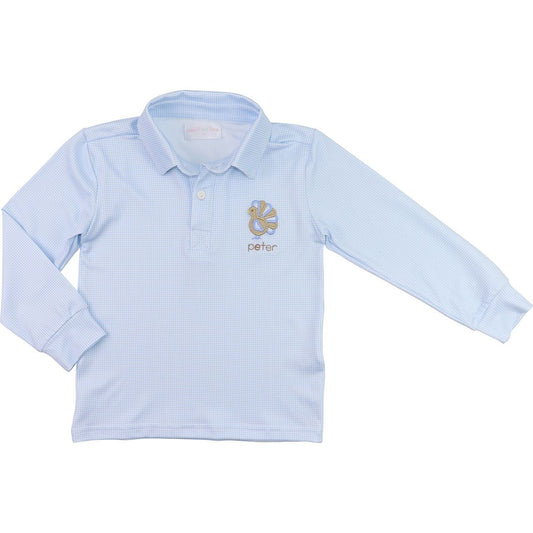 Blue Gingham Knit Applique Turkey Polo Shirt