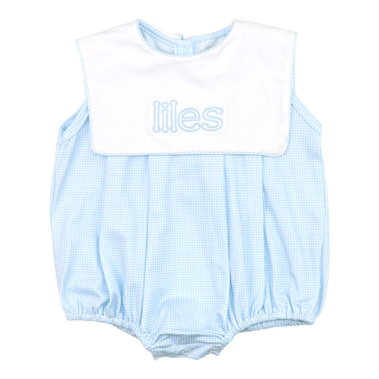 Blue Gingham Knit Bubble With A White Collar And Monogram