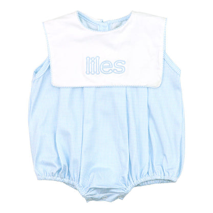 Blue Gingham Knit Bubble With A White Collar And Monogram