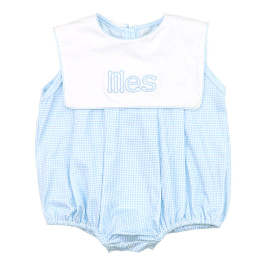Blue Gingham Knit Bubble With A White Collar And Monogram