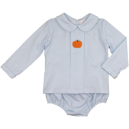 Baby outfit with blue checkered shirt and bloomers featuring a pumpkin design on a white background