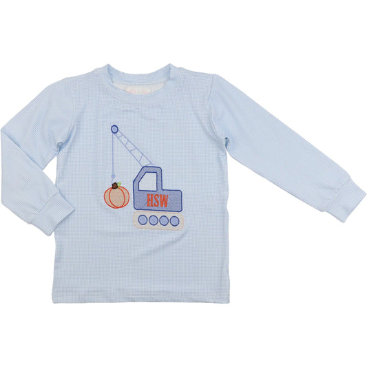 Blue Gingham Knit Embroidered Pumpkin Crane Shirt