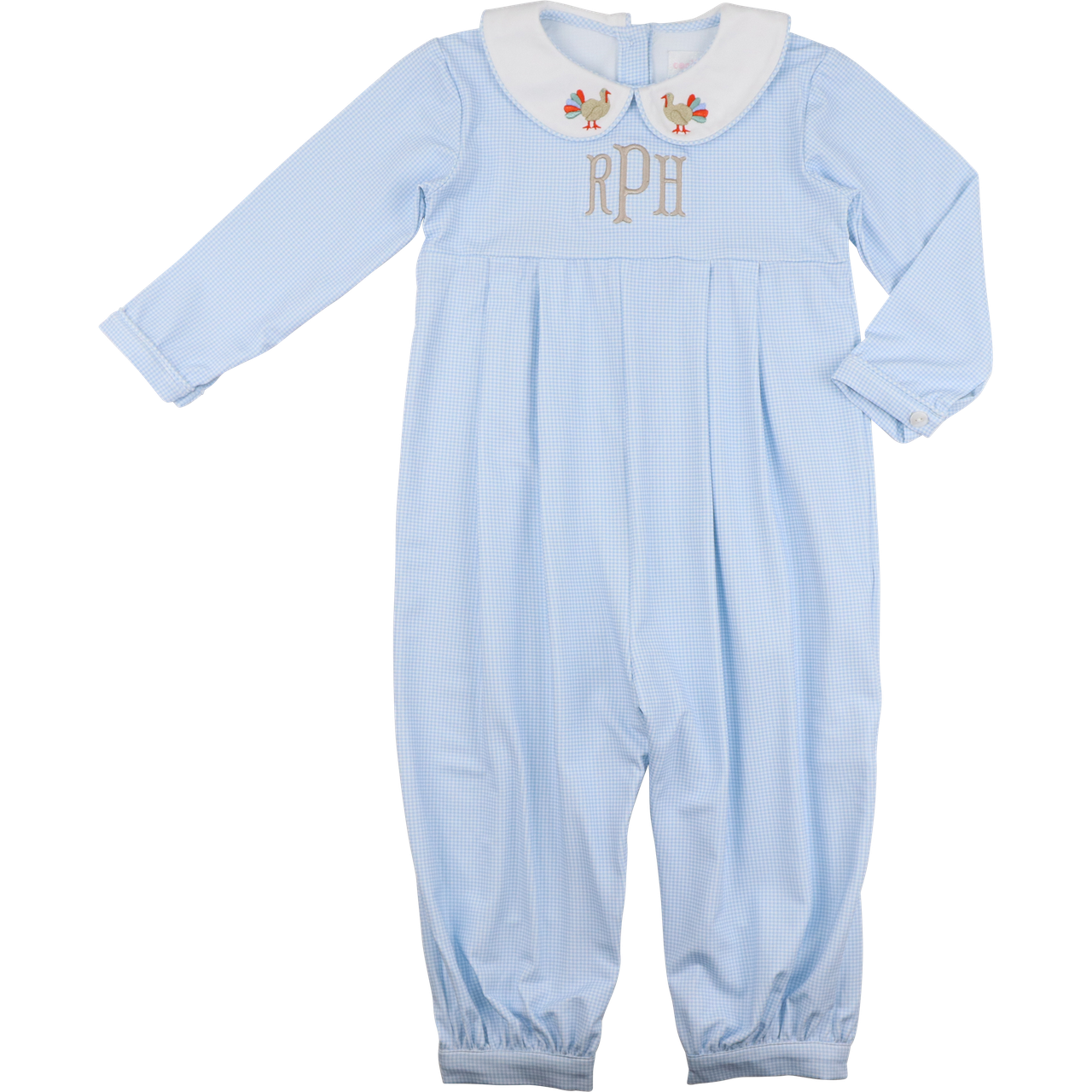 Blue Gingham Knit Embroidered Turkey Long Romper