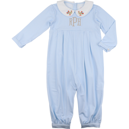 Blue Gingham Knit Embroidered Turkey Long Romper