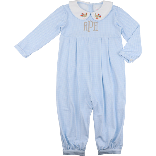 Blue Gingham Knit Embroidered Turkey Long Romper